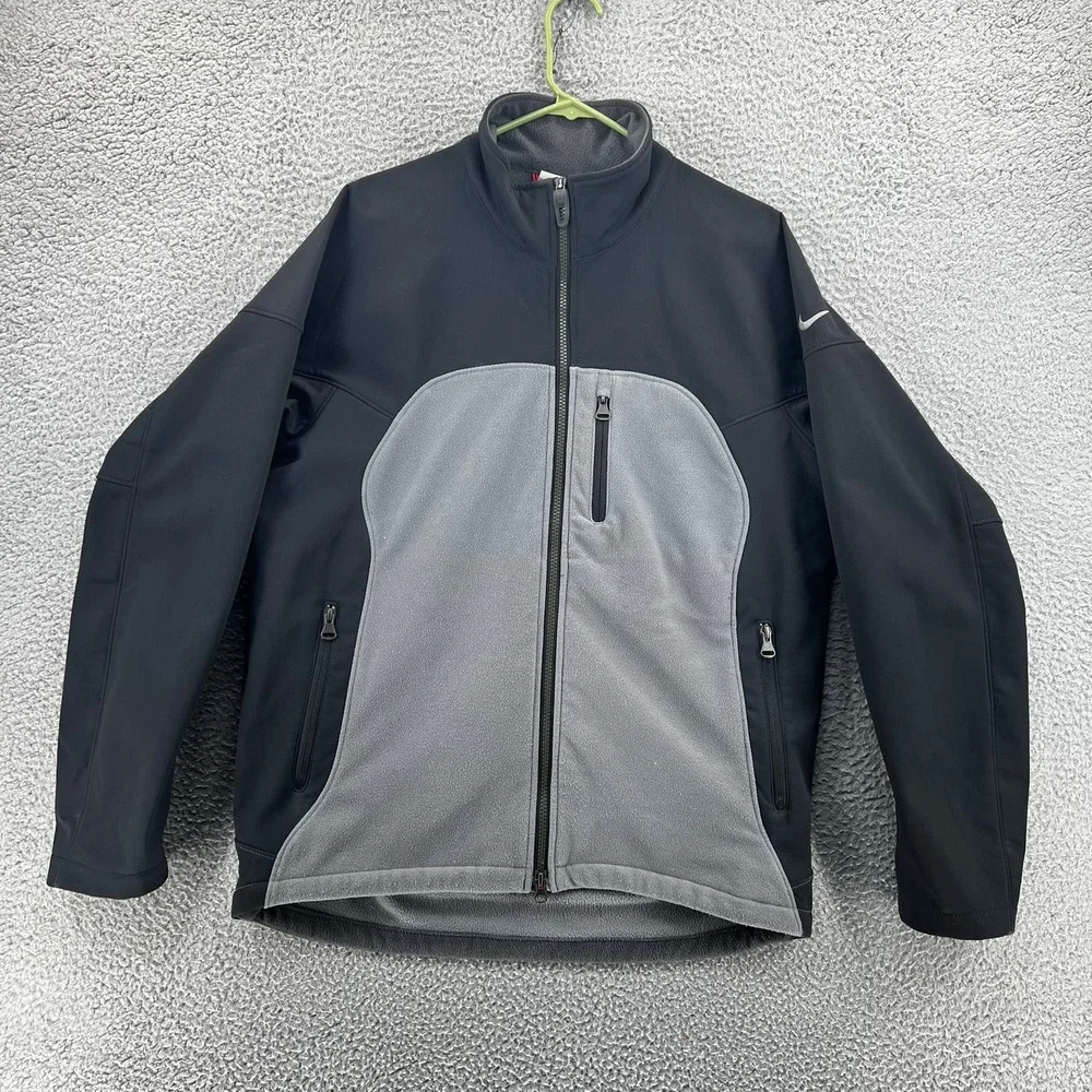 Vintage Nike Y2K Men's Fleece Jacket Black Grey Colorblock Full Zip‎ Medium